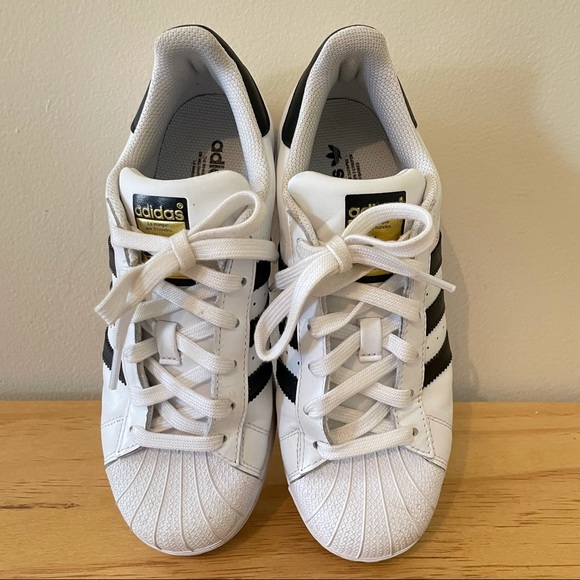 adidas superstar black white leather womens 5.5 sneakers low top striped - Picture 3 of 8